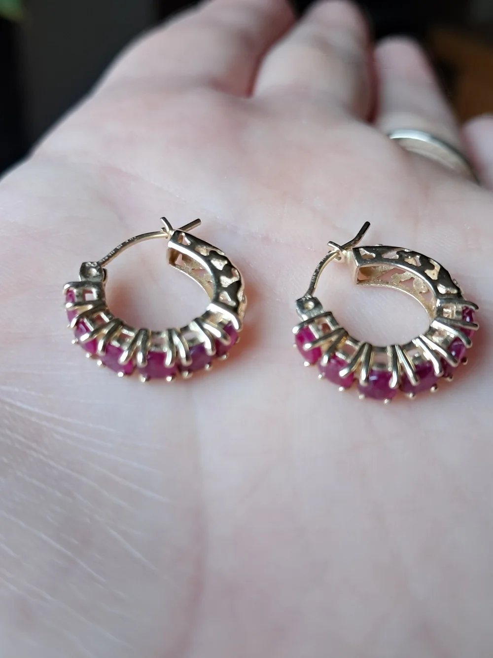 14K Gold Huggie Hoop Earrings with Ruby Gem Accents